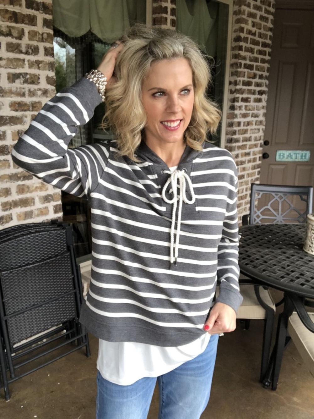 CAbi #5324 Woman's Windward Pullover Hoodie Gray And White Rugby Stripe XS